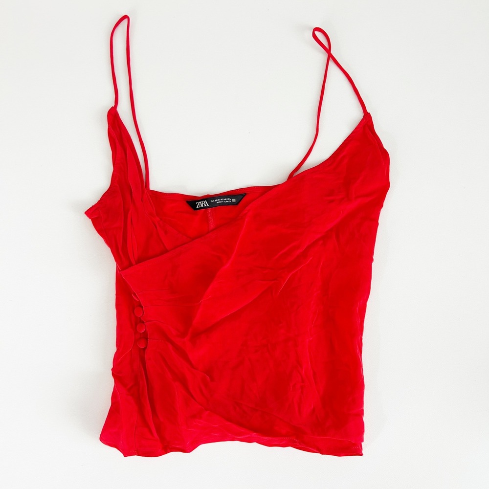ZARA Womens Drapey Satin Valentines Day‎ Red Wrap Button Detail Cami Top Size XS